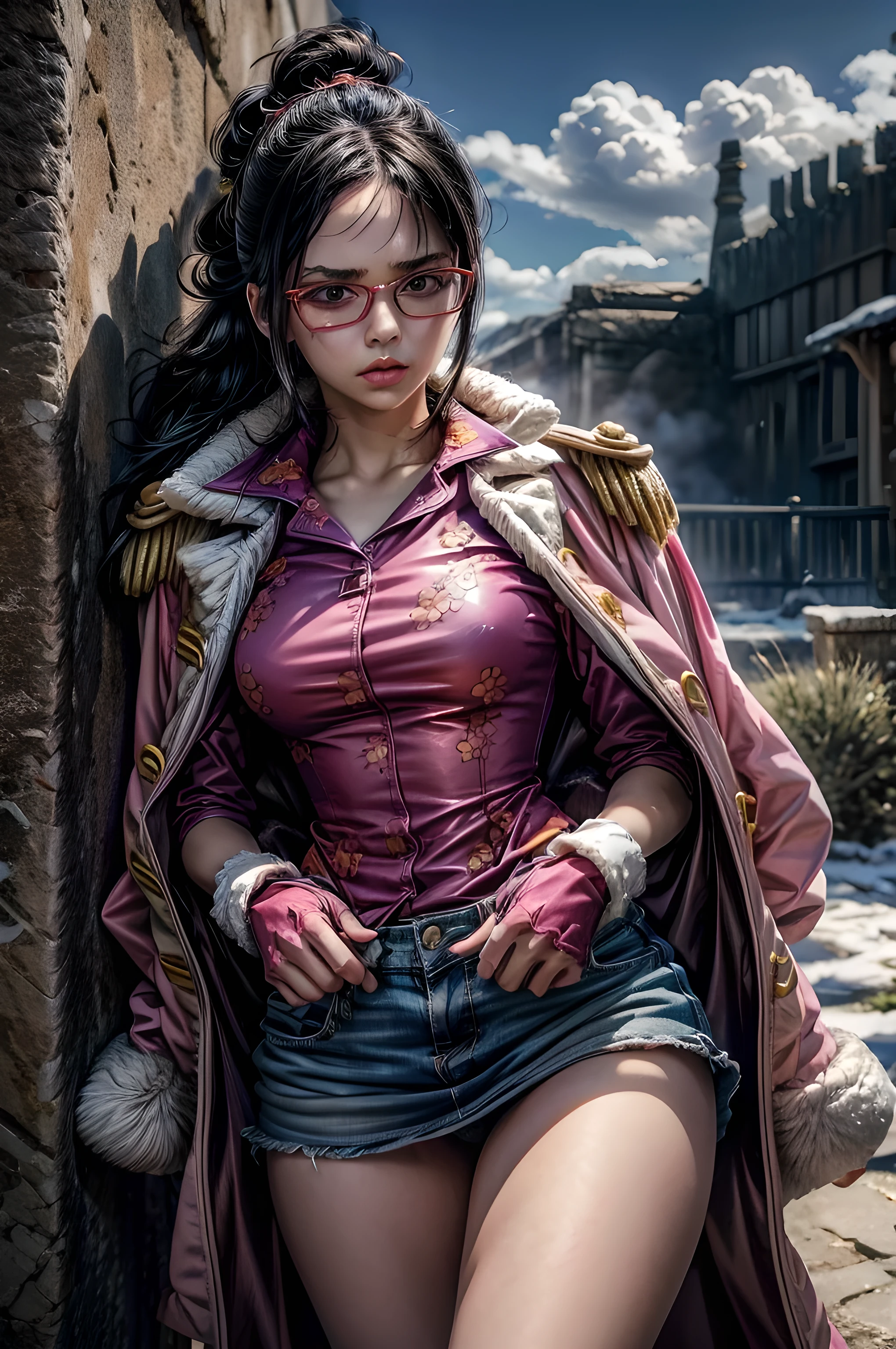 1 girl, Tashigi, age 15, pale skin, perfect eyes, black eyes, glasses, black hair, folded ponytail, pink coat, epaulettes, pink gloves, thin waist, skirtlift, ((RAW photo, masterpiece, high details, highres, absurdres, 8k, best quality, UHD, realistic)), sunlight, shadow details, cloudy day, fortress, full body