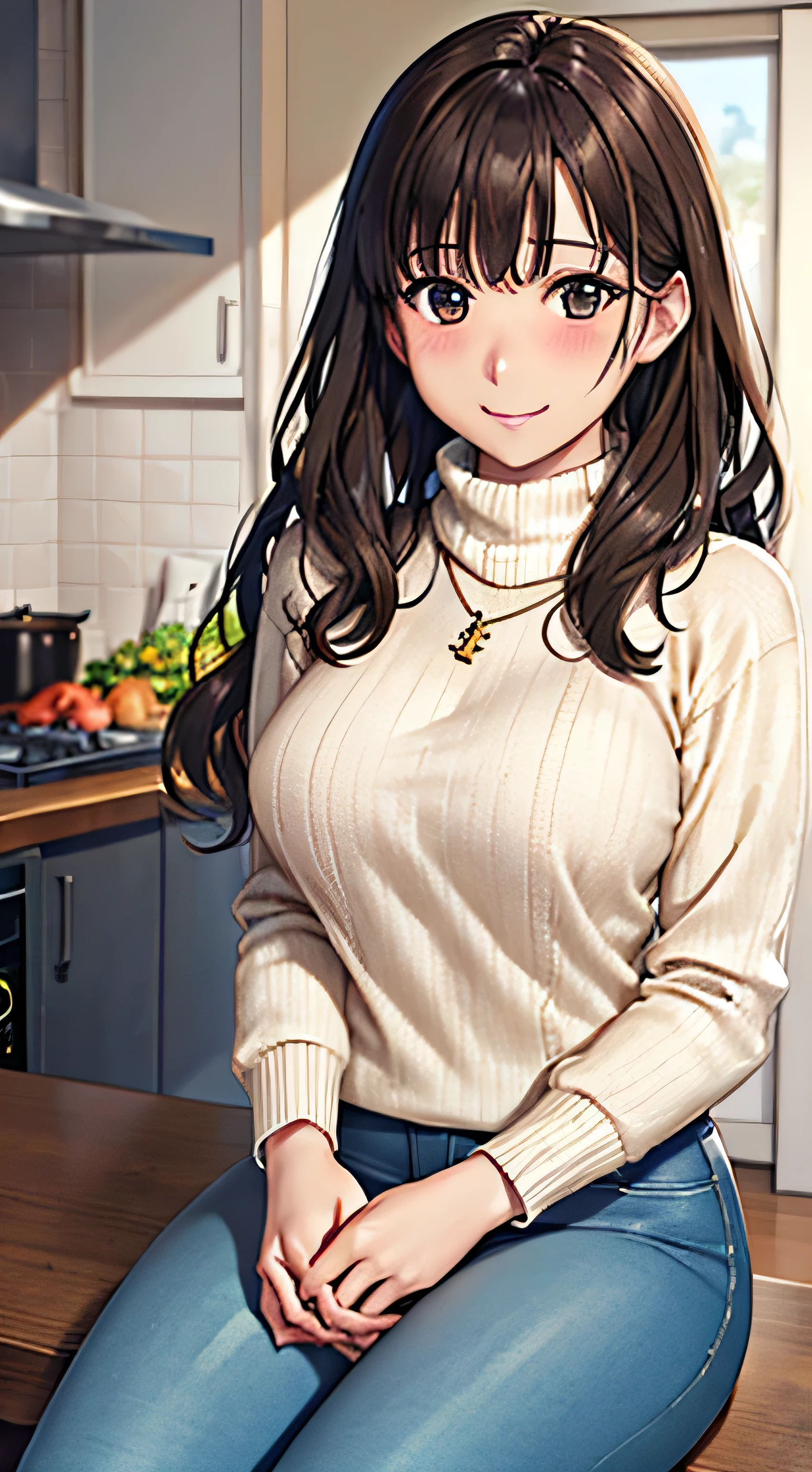 ((Tabletop, Highest quality, High resolution, , Pixel Perfect, 4K,))), 1 female, 、The whole body is visible、 ((Long Wavy Hair, bangs, Brown Hair)), ((Brown eyes, Beautiful eyelashes, Realistic eyes)), ((Detailed face, Blushing:1.2)), ((Smooth texture:0.75, Realistic texture:0.65, Realistic:1.1, Anime CG Style)), Medium sized breasts, Dynamic Angle, Perfect body, (( , , Turtleneck sweater、No bra、、 、、、、)), Gold Hair Ornament、Cross Necklace、、Very embarrassing panic smile, 、Tight jeans pants、、Elbows on the table、、、Nipples are slightly visible、Emphasize the chest with both arms、、、、、、Stick your butt out、Luxury apartment kitchen、、、、、、、 、)、