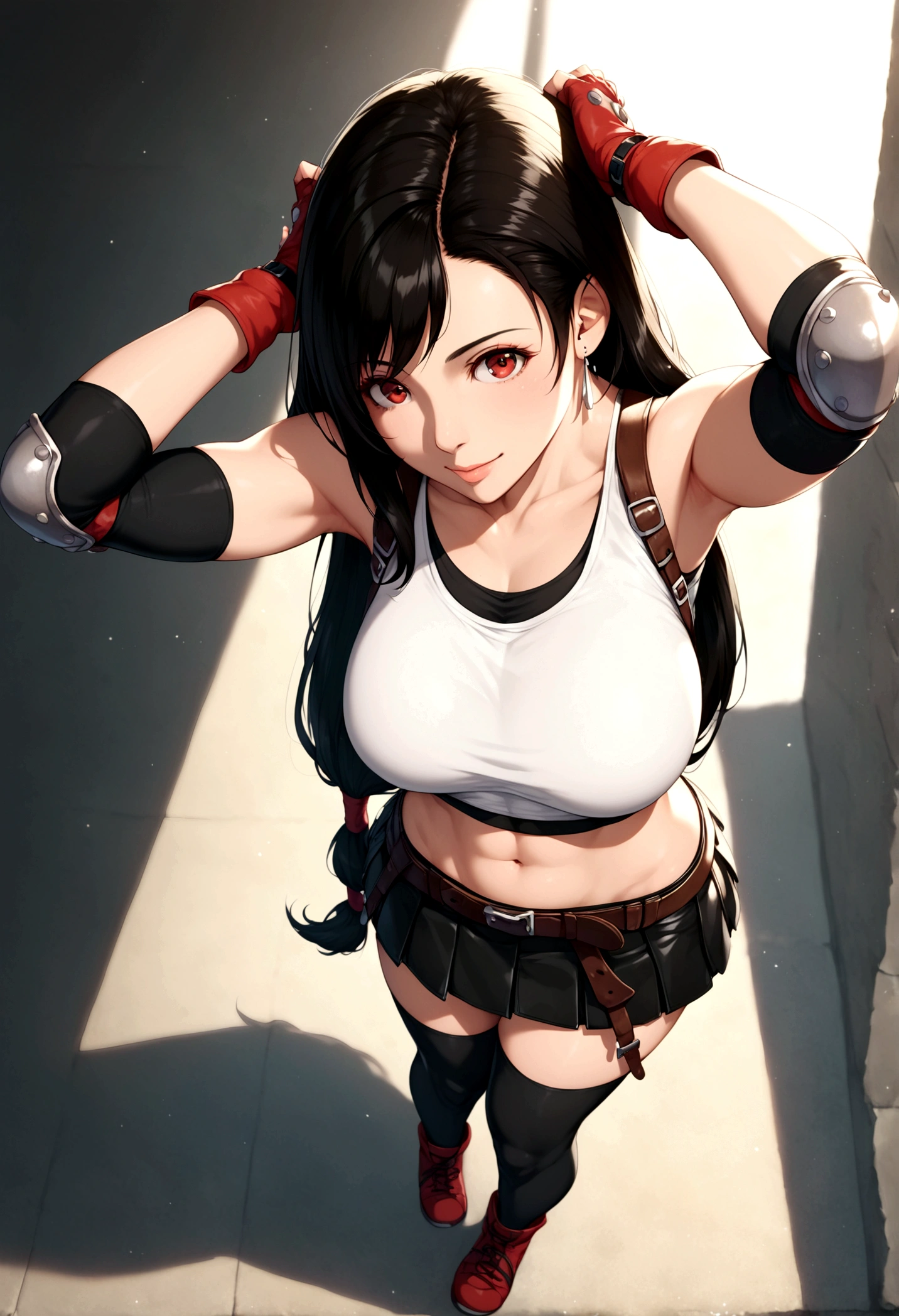 (((((tifa lockhart,Final Fantasy 7:1.5))))),((Highest quality、masterpiece、anime style、best quality、high resolution、8k、detailed、ultra-detailed:1.3))、Long legs:1.2, Beautiful woman with perfect figure:1.4、(Smiling:1.2), double eyelid、30-year-old female、((((One Woman,beautiful face,Beautiful face、Outdoor,upper body:1.5)))),Big Breasts、High resolution, accurate, Anatomically correct, High-resolution model, high quality, Very detailed, Ultra high definition、Black Hair、Straight Hair、Long Hair,Red open finger gloves,(Uplifting、action、contrapposto pose、dynamic、dynamicポーズ、dynamic motion:1.5)、(((speed lines、action lines:、movement,dynamism 1.5)))