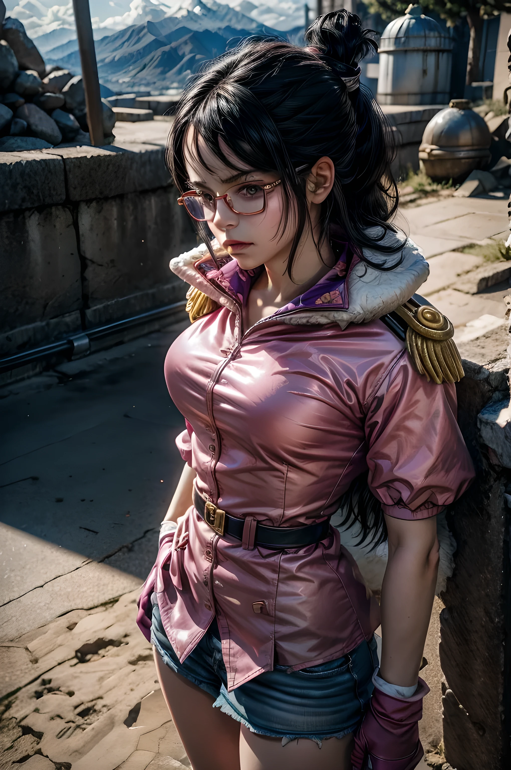 1 girl, Tashigi, age 15, pale skin, perfect eyes, black eyes, glasses, black hair, folded ponytail, pink coat, epaulettes, pink gloves, thin waist, skirtlift, ((RAW photo, masterpiece, high details, highres, absurdres, 8k, best quality, UHD, realistic)), sunlight, shadow details, cloudy day, fortress, full body