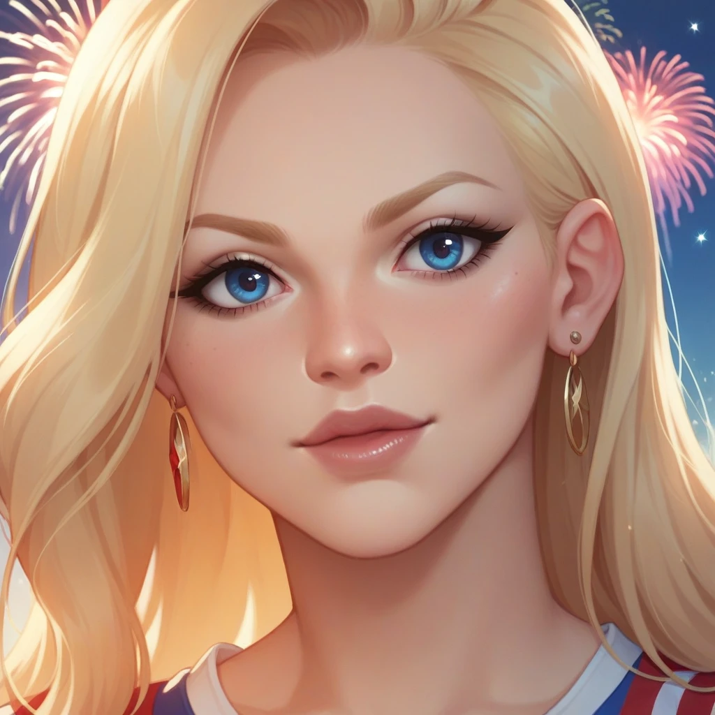 close up image (Britney Spears:0.6) ((ohwx woman)) with long blonde hair and blue eye shadow Holding the American flag while there are fireworks in the background, July 4th