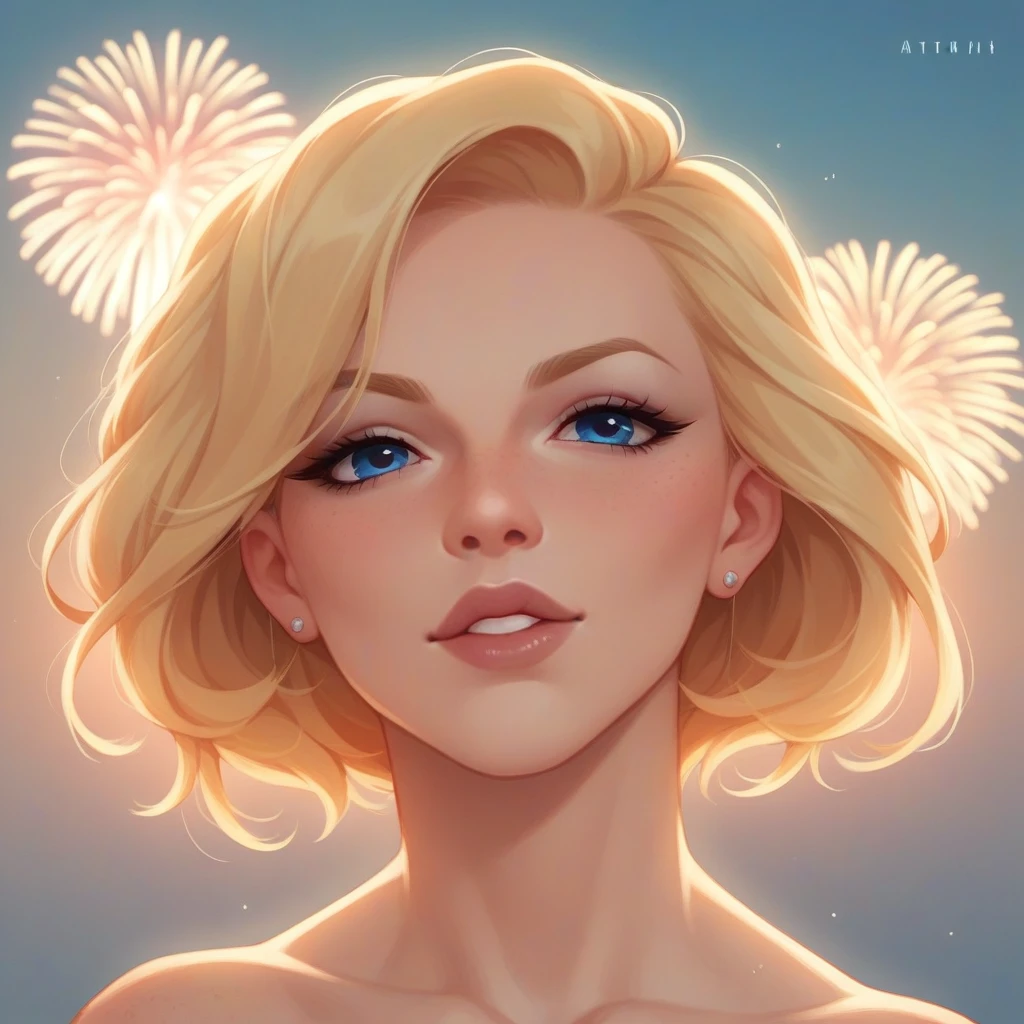 close up image (Britney Spears:0.6) ((ohwx woman)) with long blonde hair and blue eye shadow Holding the American flag while there are fireworks in the background, July 4th
