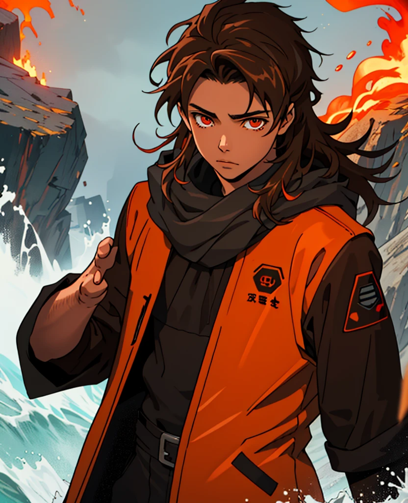 Masterpiece, Best quality, high quality, 1 man, 20 years old, One, athletic body, male focus, Looking at the viewer, upper body, long brown hair (tied hair), orange eyes, black closed coat with blood drops, fire and water mania around it