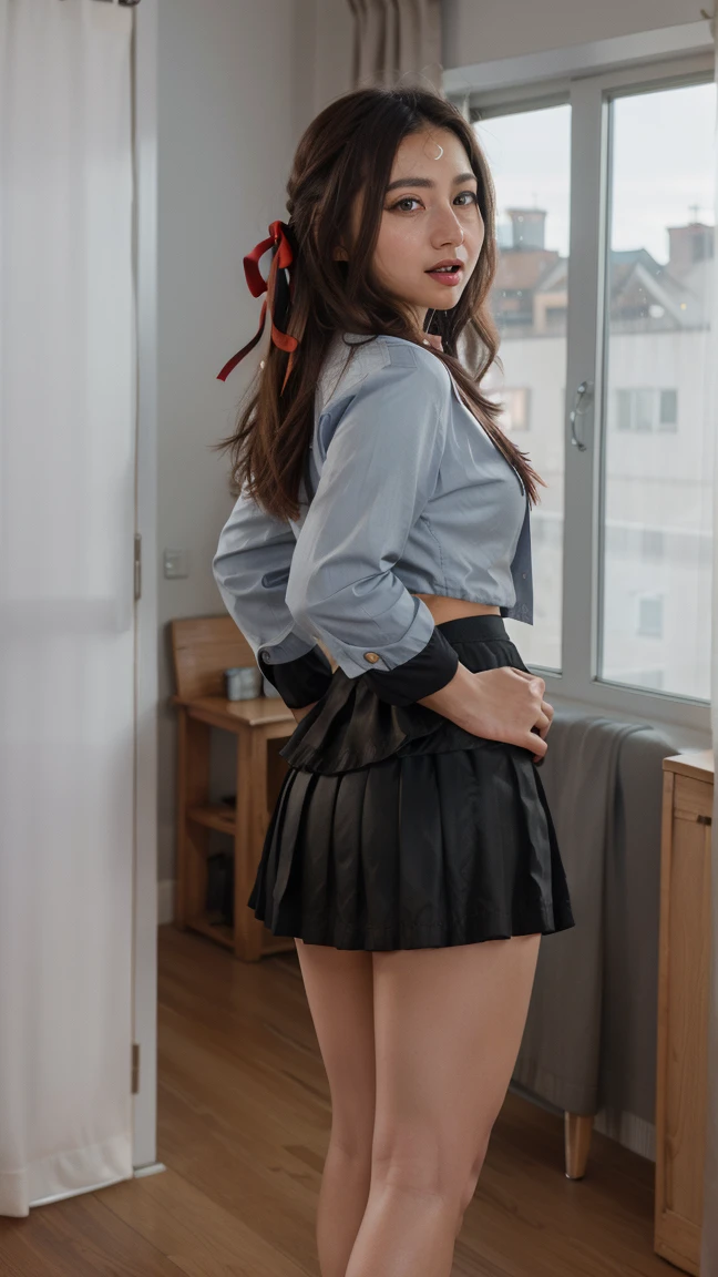 Alisa Kujou,
(day:1.7), in a room with curtains on the windows,inside, 1 girl standing at attention, 20 years,young female, looking back, Grab the butt, showing the ass, round ass, big hips, big Thighs ,beautiful Finger, beautiful long legs ,beautiful body ,beautiful Nose ,beautiful character design, Perfect eyes, perfect face,
There is an anime girl in shorts walking through an open door.., 1 girl, Thighs, Alone, (very short skirt:1.4), Blue eyes, old, Jacket, shirt, , pleated skirt, shirt blanca, bow, hand on hip, blush, black Thighs, bowtie, inside, brown shoes, The Great Passage, moccasins, shoes, large old, whole body, looking at the viewer, Open mouth, Thighs, bikini blue
looking at the viewer, In the center of the image, under the butt official art, Extremely detailed CG unity 8k wallpaper, perfect lighting,showy, bright_forehead_face_Lightinasterpiece:1.0),(better_quality:1.0), ultra high resolution,4k,ultra detailed,
Photography, 8k, HDR, high resolution, absurdities:1.2, portrait of codas, film grain, blurred background, bokeh:1.2, Lens flare, (Vibrant_color:1.2)
, (beautiful_face:1.5),(narrow_waist), (beautiful)