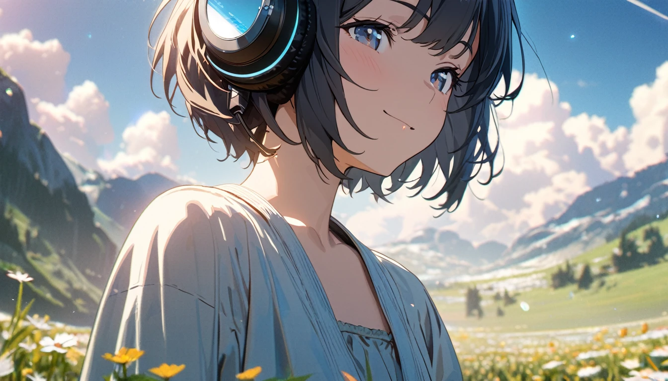 1girl, solo, gentle smile on her face flat chest, short hair, black hair, upper body, wearing headphones, ((masterpiece, illustration, best quality)) ((best quality)), ((masterpiece)), background: Summer, meadows, a few small flowers, clear lakes, heaven, large clouds, blue sky, hot weather, HD detail, hyper-detail, cinematic, surrealism, soft light, deep field focus bokeh, distant vistas are snowy mountains, ray tracing, and surrealism. --v6