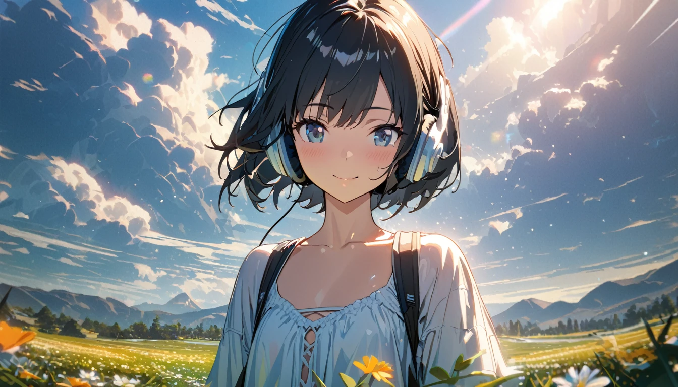 1girl, solo, gentle smile on her face flat chest, short hair, black hair, upper body, wearing headphones, ((masterpiece, illustration, best quality)) ((best quality)), ((masterpiece)), background: Summer, meadows, a few small flowers, clear lakes, heaven, large clouds, blue sky, hot weather, HD detail, hyper-detail, cinematic, surrealism, soft light, deep field focus bokeh, distant vistas are snowy mountains, ray tracing, and surrealism. --v6