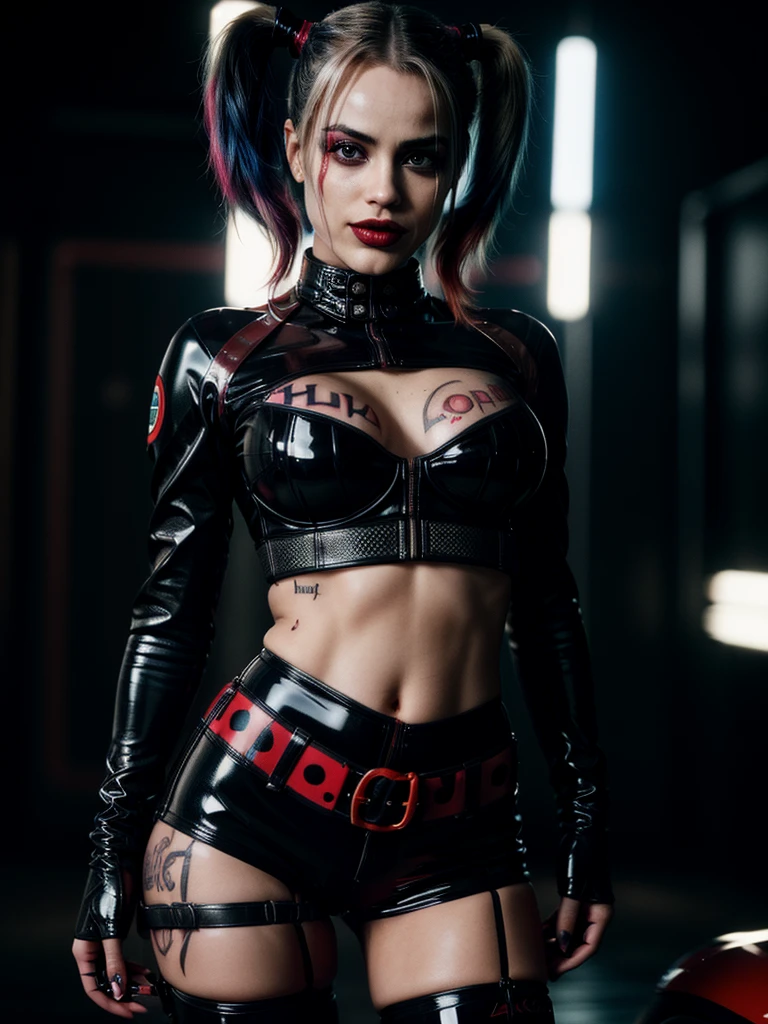 Harley Quinn dominatrix, erotic, realistic, close-up full body shot, detailed facial features, intricate tattoos, glossy latex outfit, cinematic lighting, atmospheric background, dramatic poses, cinematic composition, high contrast, vivid colors, (best quality,4k,8k,highres,masterpiece:1.2),ultra-detailed,(realistic,photorealistic,photo-realistic:1.37)
