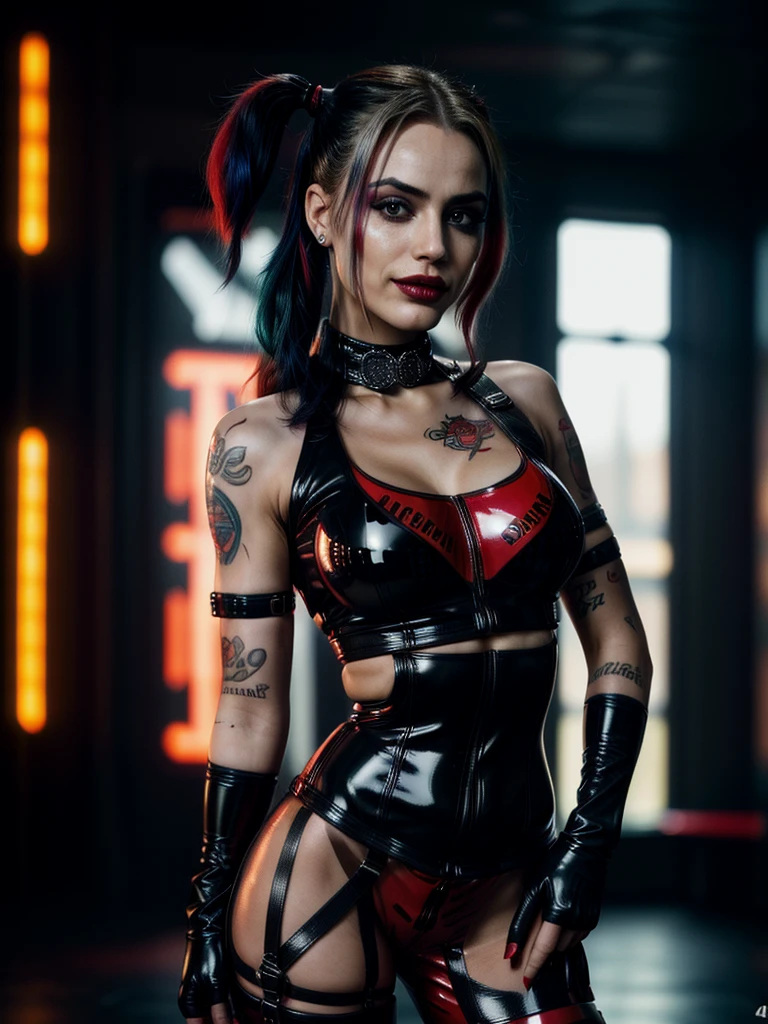 Harley Quinn dominatrix, erotic, realistic, close-up full body shot, detailed facial features, intricate tattoos, glossy latex outfit, dark moody lighting, atmospheric background, dramatic poses, cinematic composition, high contrast, vivid colors, (best quality,4k,8k,highres,masterpiece:1.2),ultra-detailed,(realistic,photorealistic,photo-realistic:1.37)