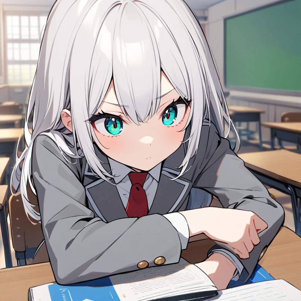 A girl with long white hair, with aqua eyes, with long eyelashes and white shirt uniform, red tie and gray jacket, in a Boku no hero classroom,