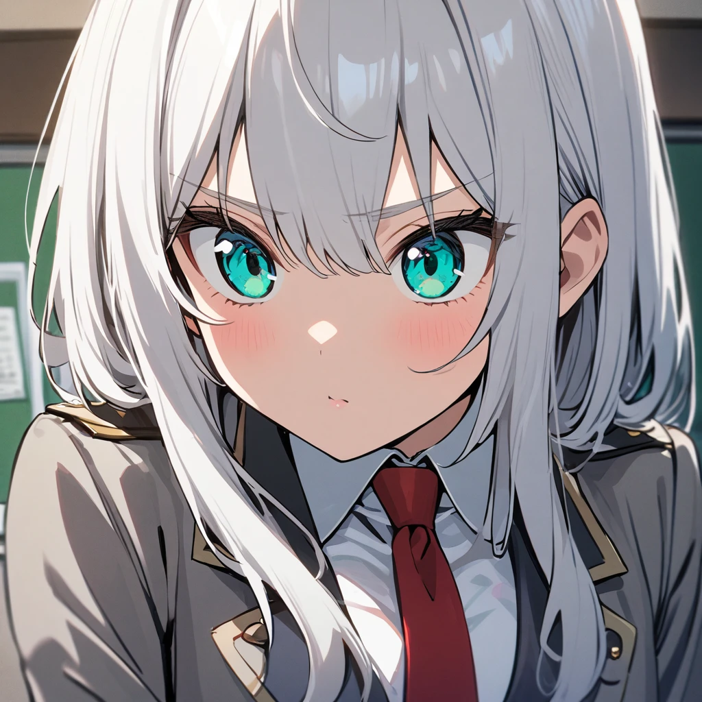 A girl with long white hair, with aqua eyes, with long eyelashes and white shirt uniform, red tie and gray jacket, in a Boku no hero classroom,