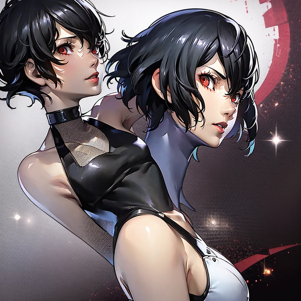 1 girl, solo, very Short hair, tomboy Pixie haircut, black hair, red eyes, lipstick, black choker, face portrait, tank top, shigenori soejima style,