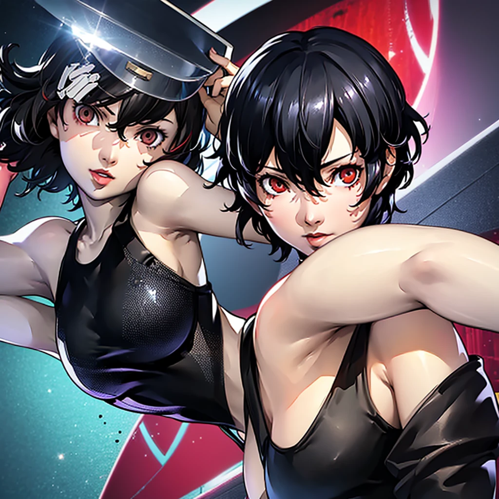 1 girl, solo, very Short hair, tomboy Pixie haircut, black hair, red eyes, lipstick, black choker, face portrait, tank top, shigenori soejima style,