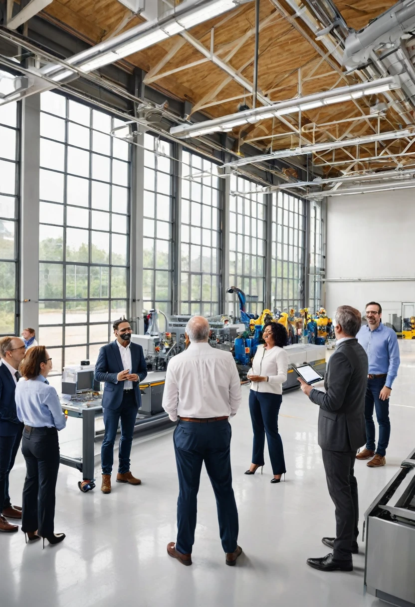 A diverse group of professionals are gathered in a modern factory setting. They are talking, exchanging ideas, and collaborating on a project. People are standing, gesturing, and discussing. The hall is equipped with advanced technology, including machinery and equipment. In the center of the image, one person stands out, looking straight ahead, with a warm smile and an inviting gesture, as if inviting the audience to join the conversation or learn more about the project. The room is bright, with large windows that allow natural light to enter, creating an open and collaborative atmosphere.