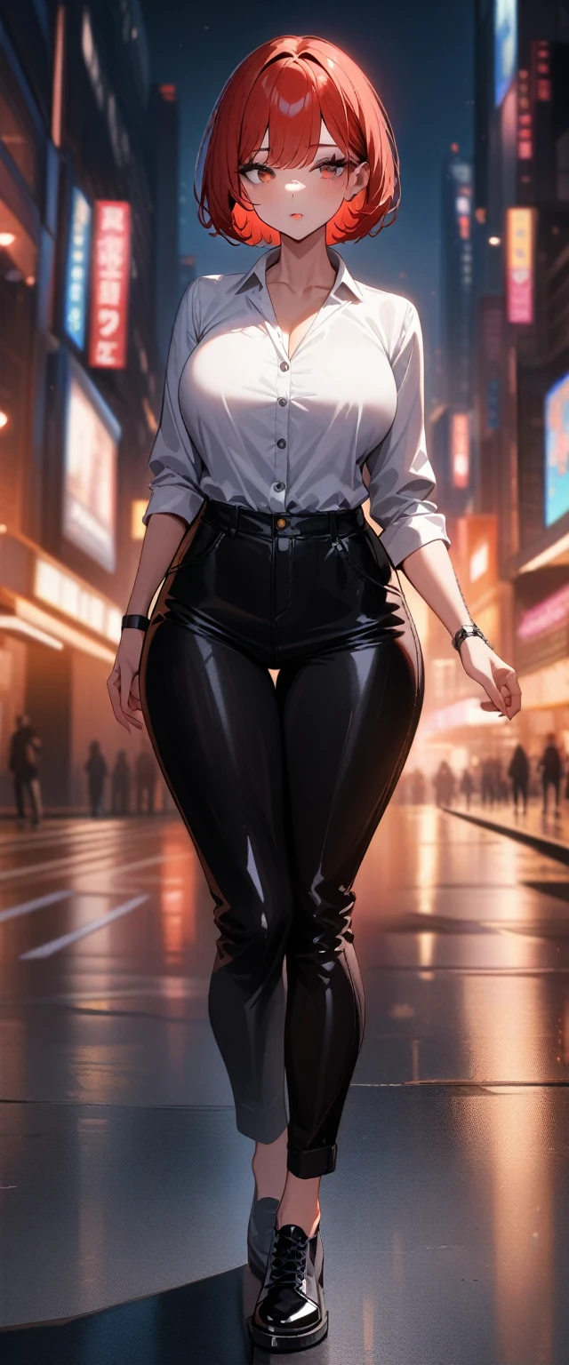 1girl,solo,super detailed skin,shiny skin,expressionless ,eyelashes,lips gloss,red hair,bob hair,short hair ,large breasts ,casual shirt and pant,shoes ,standing,nigh city ,masterpiece,best quality,ultra detailed,high resolution,sharp focus