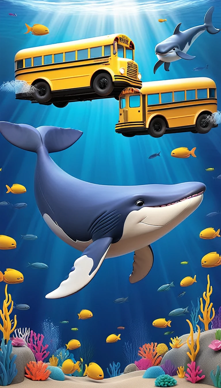 Create a 3-D Pixar style art scene for featuring a blue whale swimming beside three school buses for size comparison. The scene should be colorful and vibrant, with an ocean background, coral reefs, and schools of fish. The overall mood should be engaging and inviting for young children.