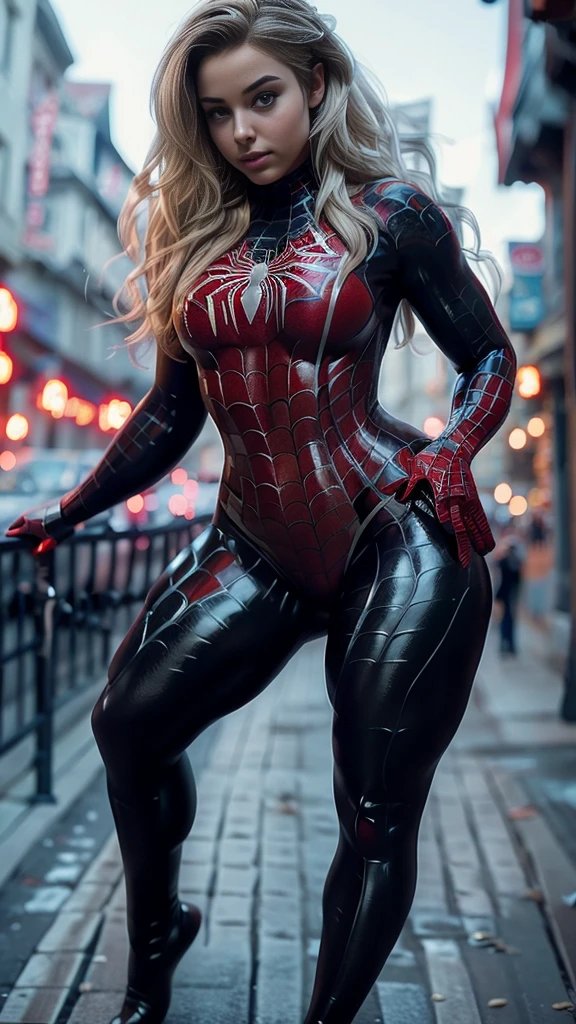 a sexy female spider-man cosplay, incredibly detailed, large breasts, thick thighs, wearing a tight spider-man suit, showing off her large butt, blonde hair, hyper realistic, 8k, realistic lighting, photorealistic, intricate details, dynamic pose, dramatic shadows, cinematic composition