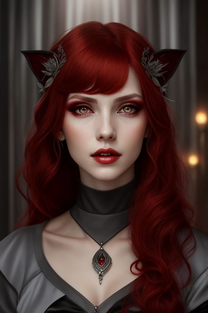 a woman with red hair,grey-eyed,skin fair,vampire style