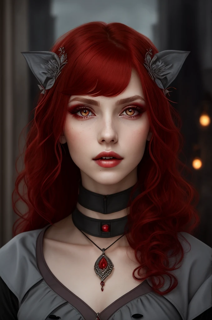 a woman with red hair,grey-eyed,skin fair,vampire style