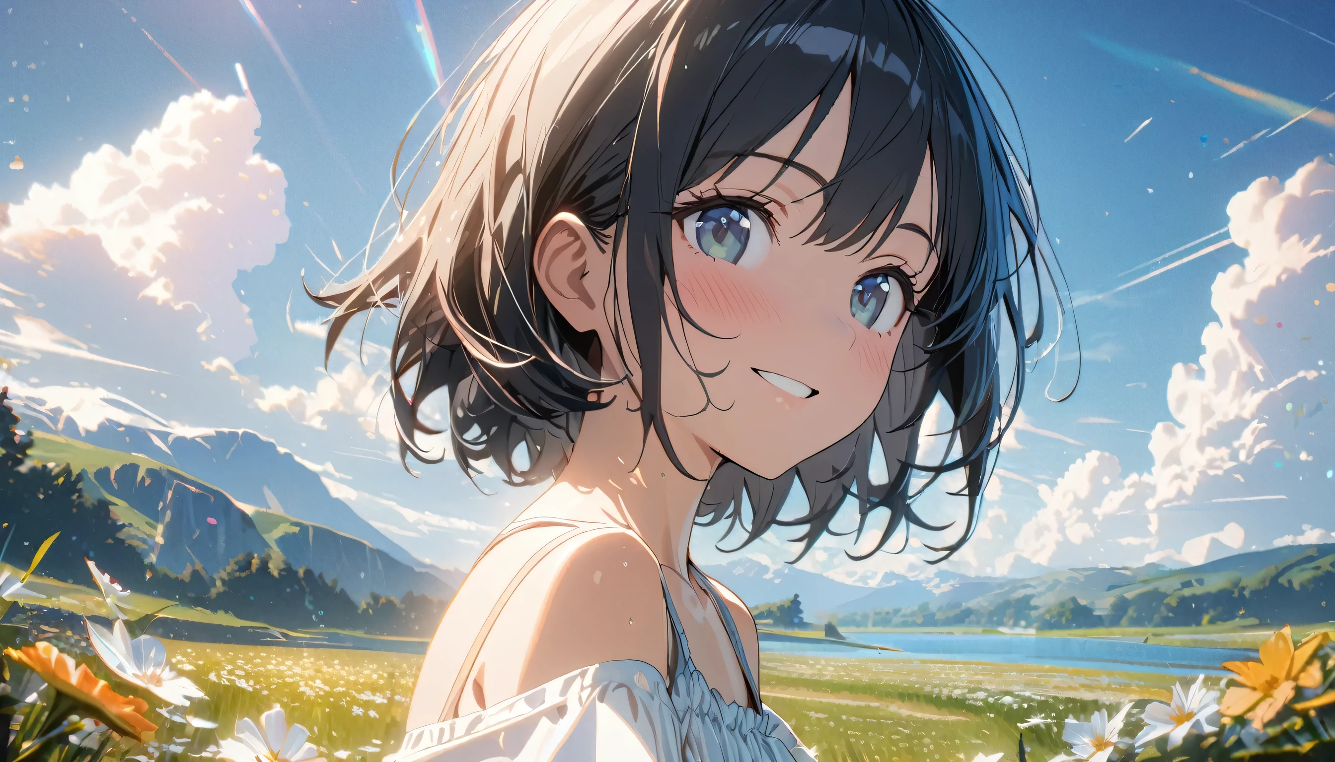 1girl, solo, gentle smile on her face flat chest, short hair, black hair, upper body, ((masterpiece, illustration, best quality)) ((best quality)), ((masterpiece)), background: Summer, meadows, a few small flowers, clear lakes, heaven, large clouds, blue sky, hot weather, HD detail, hyper-detail, cinematic, surrealism, soft light, deep field focus bokeh, distant vistas are snowy mountains, ray tracing, and surrealism. --v6