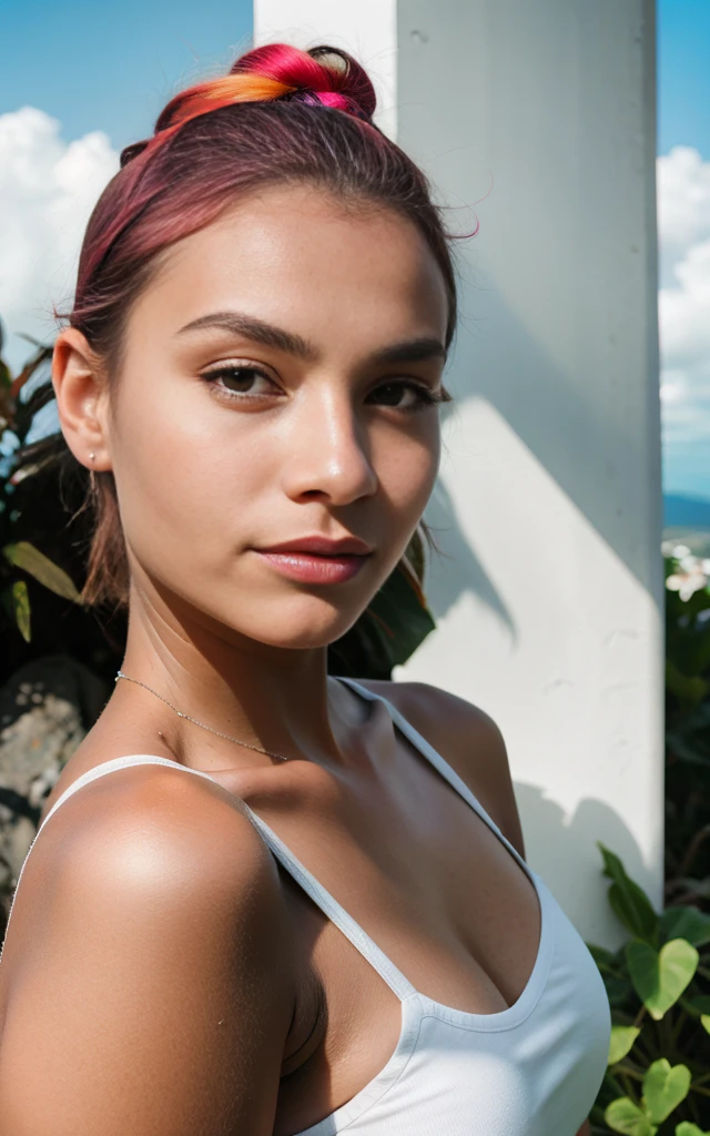 multicolored portrait of nubile 18 years old woman, Montserratian, infrared photography, casual, streamlined, creative vibrancy, halo, :/,