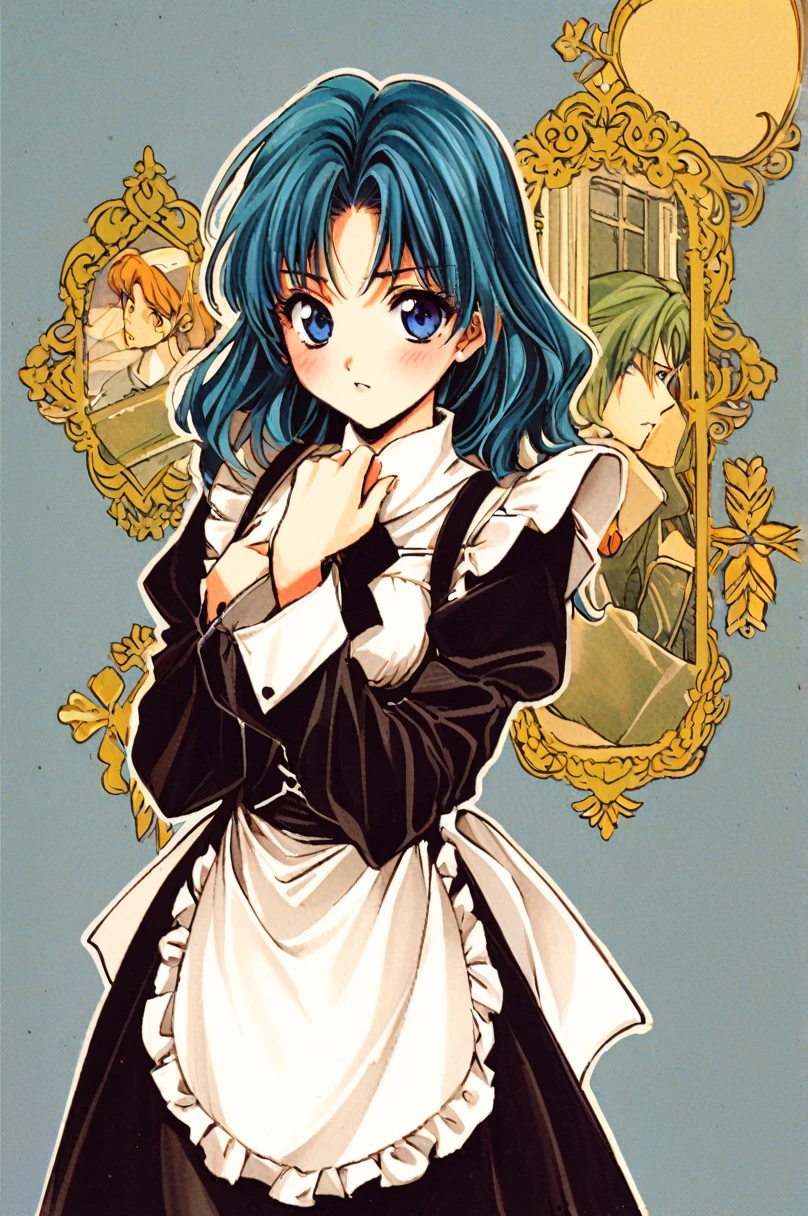 1 girl,standing alone,Eram (Era:NULL),hair blue,x hair ornament,shorth hair,hair ornament,blue colored eyes,housekeeper,gazing at viewer,cinta,housekeeper headdErass,long sleeves,dErass,roswaal mansion housekeeper uniform,ssmile,hair cinta,bEraasts,puff sleeves,volantes,apron,bangss,cloused mouth,black cinta,pink cinta,blush,medium bEraasts,black dErass,juliet sleeves,cowboy shot,flowers,hair between the eyes,Erad cinta,waist apron,Traditional media,