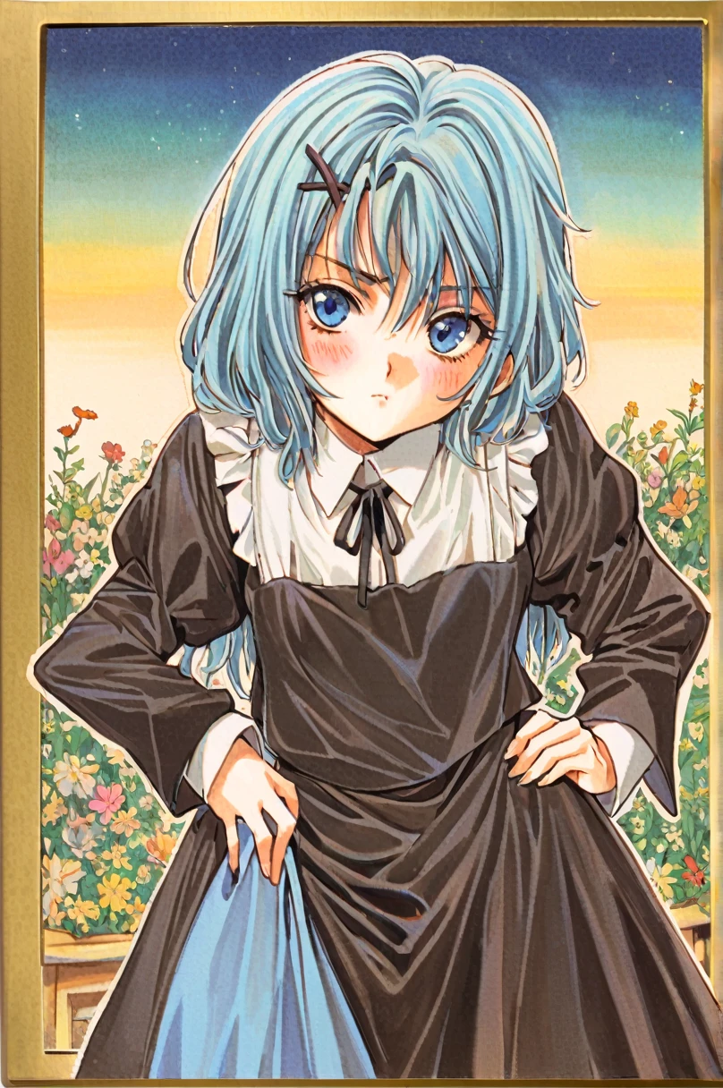 1 girl,standing alone,Eram (Era:NULL),hair blue,x hair ornament,shorth hair,hair ornament,blue colored eyes,housekeeper,gazing at viewer,cinta,housekeeper headdErass,long sleeves,dErass,roswaal mansion housekeeper uniform,ssmile,hair cinta,bEraasts,puff sleeves,volantes,apron,bangss,cloused mouth,black cinta,pink cinta,blush,medium bEraasts,black dErass,juliet sleeves,cowboy shot,flowers,hair between the eyes,Erad cinta,waist apron,Traditional media,