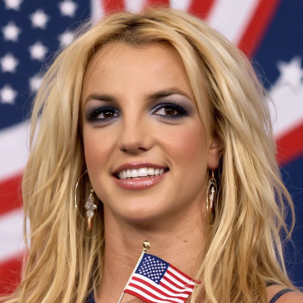 Close up Picture of (Britney Spears:0.6)  ((ohwx mujer)) with long blonde hair and blue eyeshadow Holding the American flag while fireworks happen in the background, 4th of July 