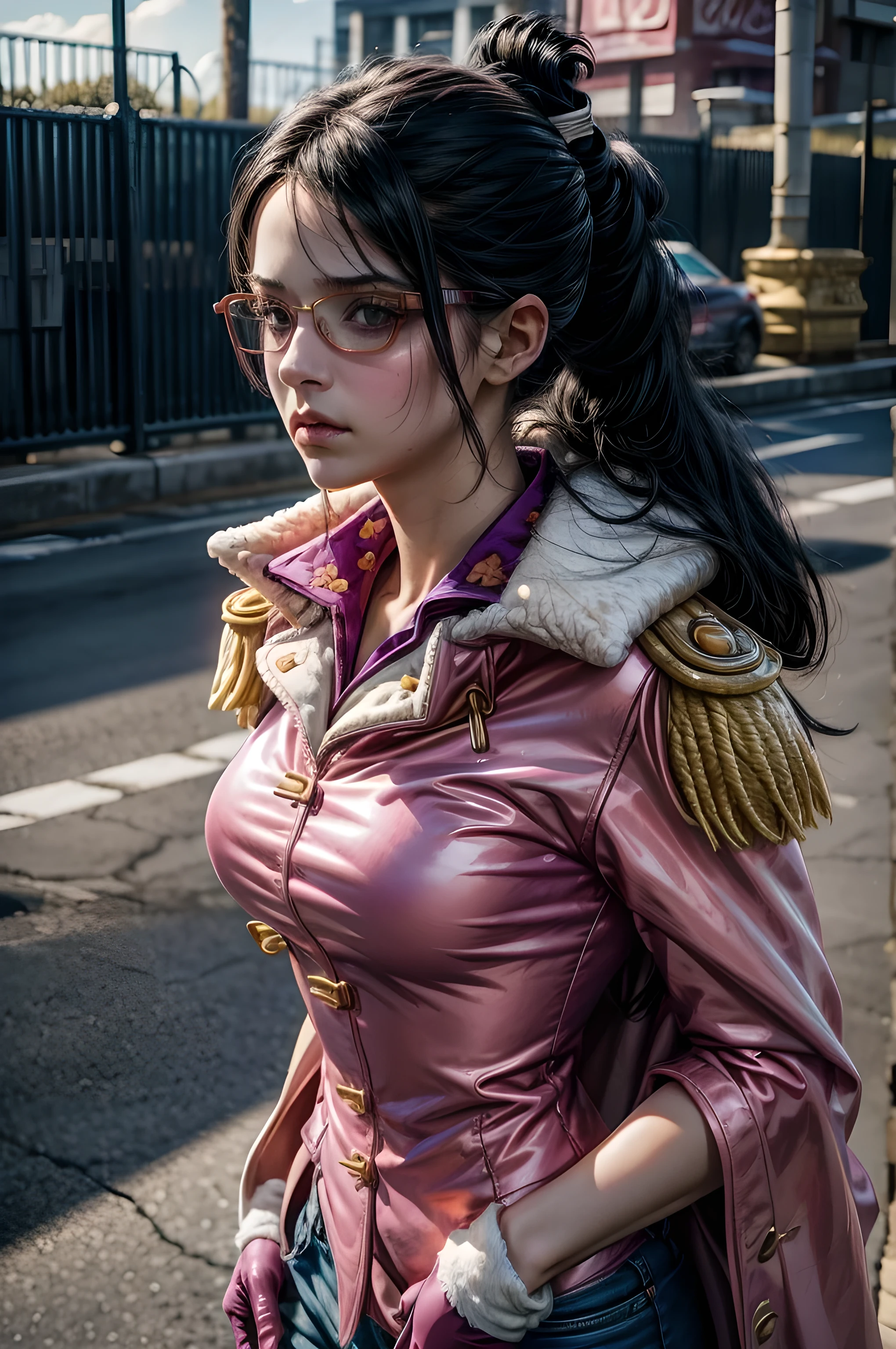 1 girl, Tashigi, age 15, pale skin, perfect eyes, black eyes, glasses, black hair, folded ponytail, pink coat, epaulettes, pink gloves, no pants ((RAW photo, masterpiece, high details, highres, absurdres, 8k, best quality, UHD, realistic)), sunlight, shadow details, cloudy day, fortress