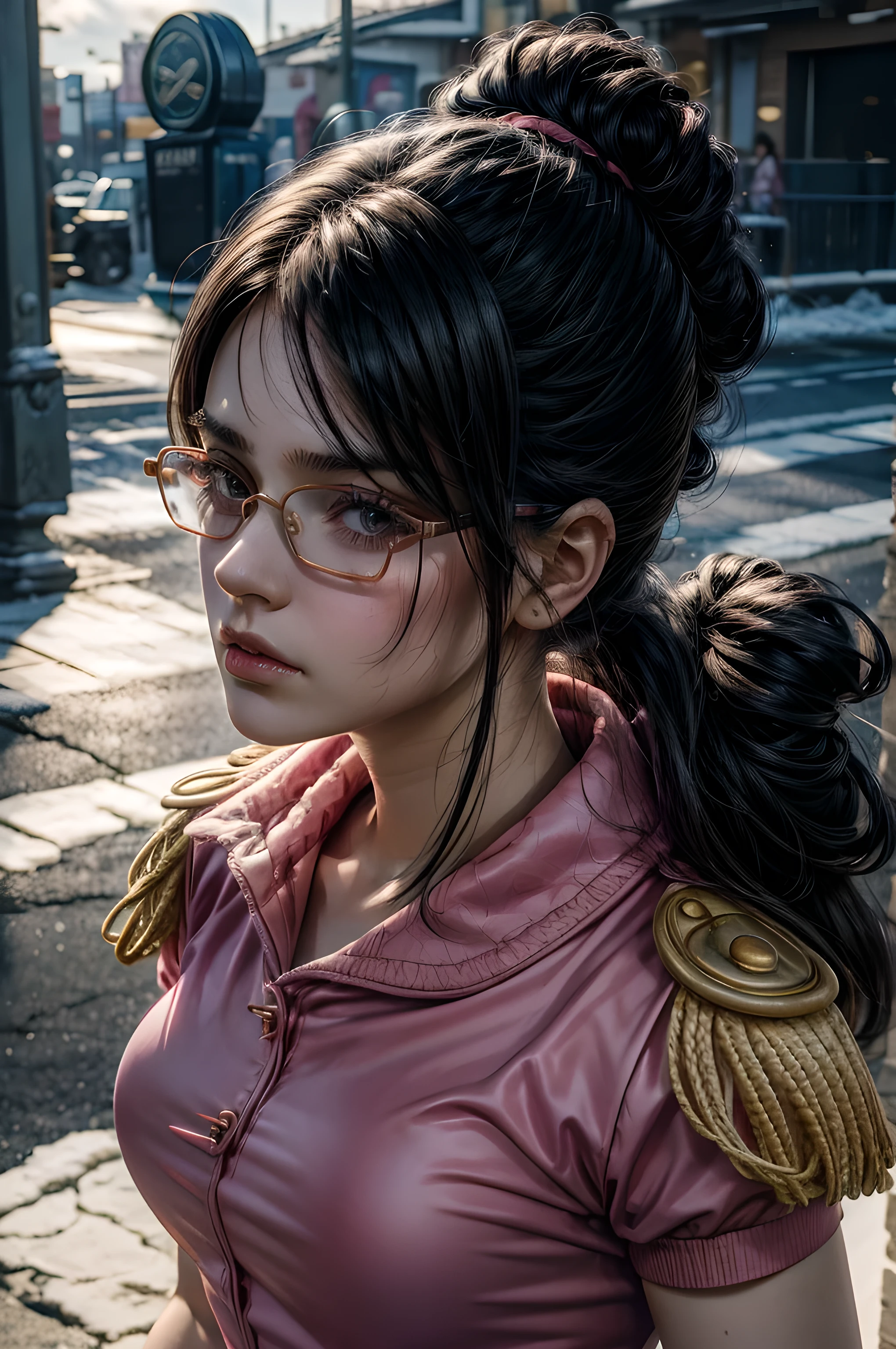 1 girl, Tashigi, age 15, pale skin, perfect eyes, black eyes, glasses, black hair, folded ponytail, pink coat, epaulettes, pink gloves, no pants ((RAW photo, masterpiece, high details, highres, absurdres, 8k, best quality, UHD, realistic)), sunlight, shadow details, cloudy day, fortress