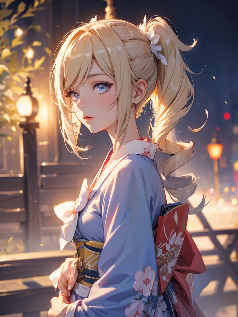 Barbara, kimono night in firework , blonde hair, pigtailed haired, Blue eyes