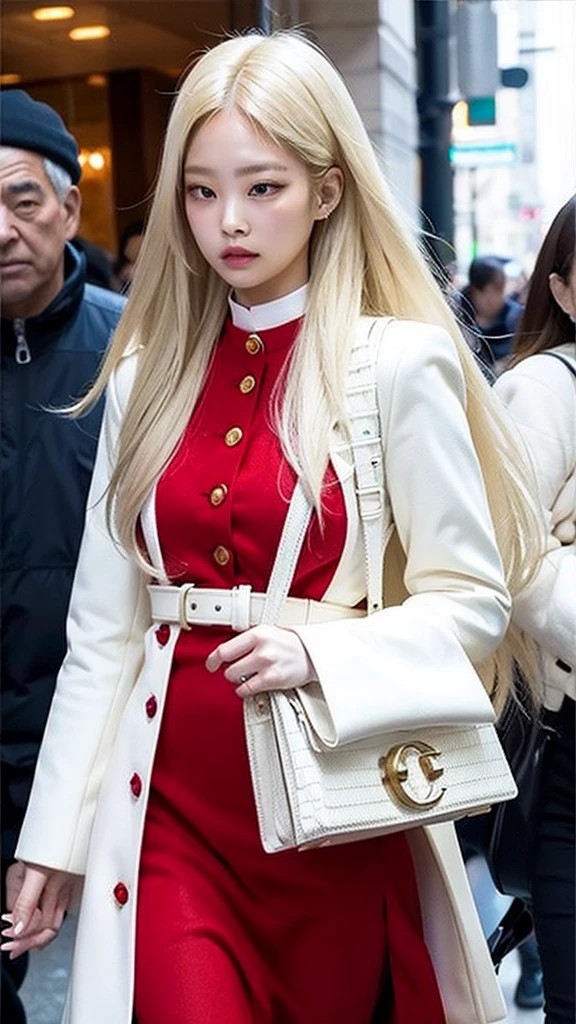 Jenny kim blonde girl, jennie loira, jenny kim, jennie kim do black pink, white hair, long and blonde hair, pele white, white, big and fluffy lips, traditional korean idol makeup, girl with perfect skin, Korean woman in the mall with a tight red dress White hair leaving a Gucci store with Gucci bags in hand and loose hair in a close-up with a red dress with a high collar and cold sleeves