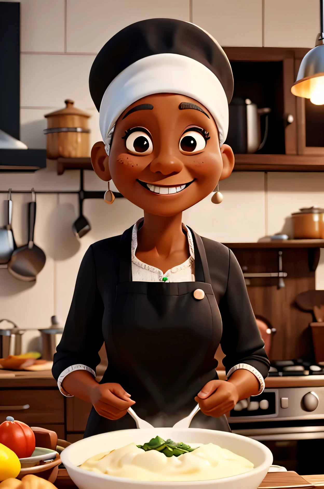 55 year old woman, black, cook, Grinning, without hair, only with kitchen hat