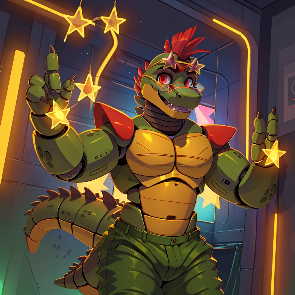 (masterpiece), ((perfect anatomy)), (high Res), (4k), alligator, buff, strong, red eyes, wide shoulders, (robot), (animatronic), happy, (no shirt)), ((green pants)), ((yellow star shaped glasses)), (cute artstyle), (((solo)))