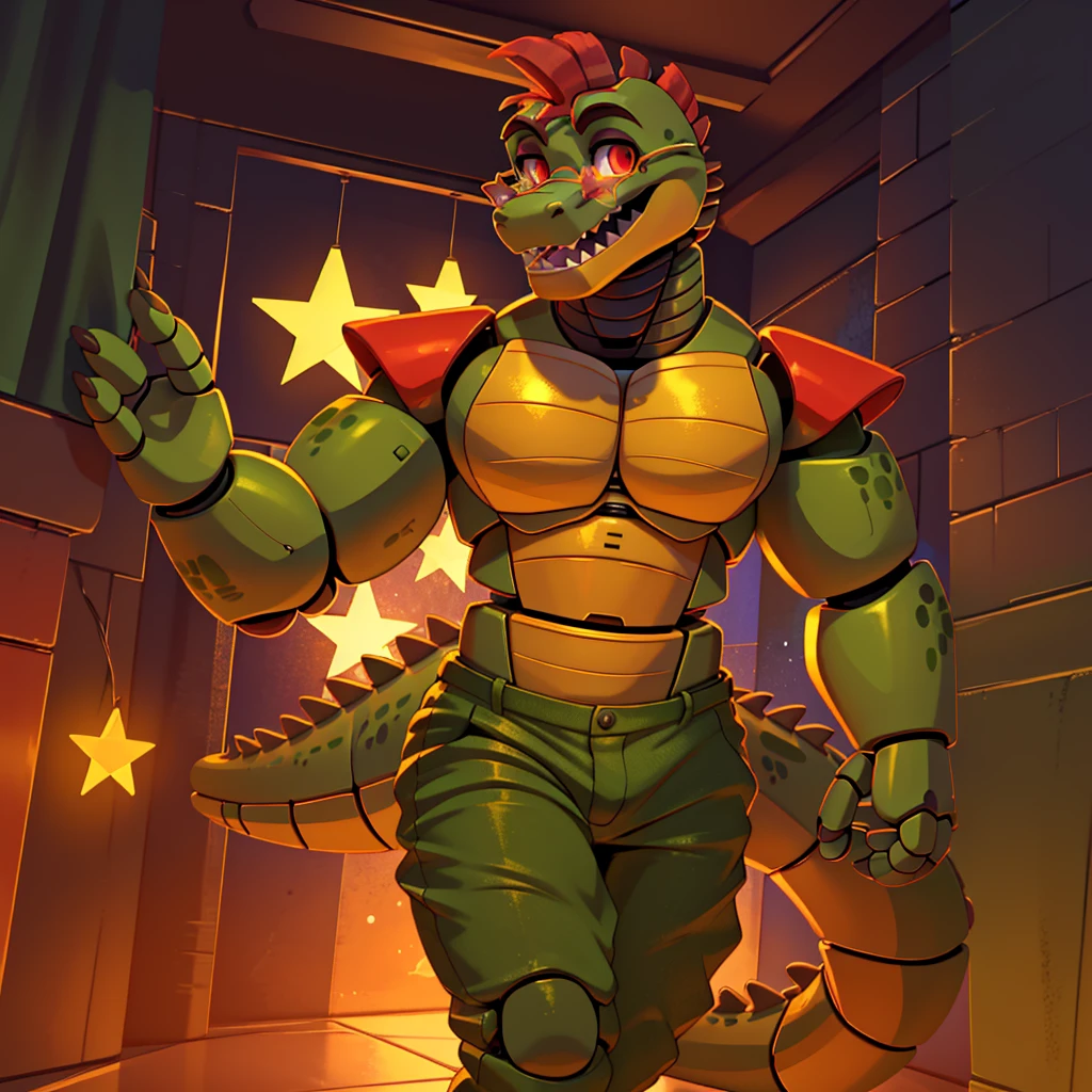 (masterpiece), ((perfect anatomy)), (high Res), (4k), alligator, buff, strong, red eyes, wide shoulders, (robot), (animatronic), happy, (no shirt)), ((green pants)), ((yellow star shaped glasses)), (cute artstyle), (((solo)))