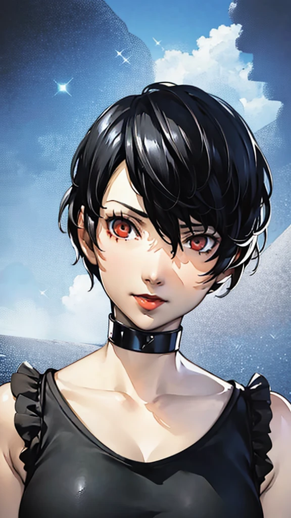 1 girl, very Short hair, tomboy Pixie haircut, black hair, red eyes, lipstick, black choker, face portrait, tank top, shigenori soejima style, perfect art