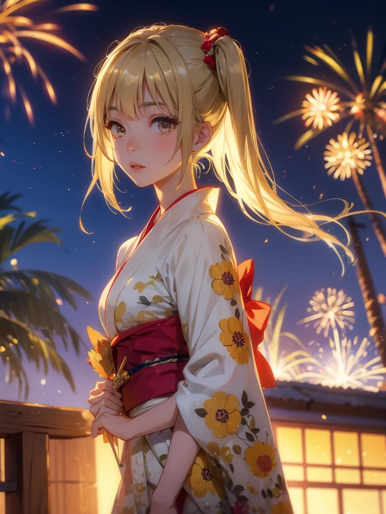 Kyoko , kimono night in firework , blonde hair, pigtailed haired,  , yellowisheyes