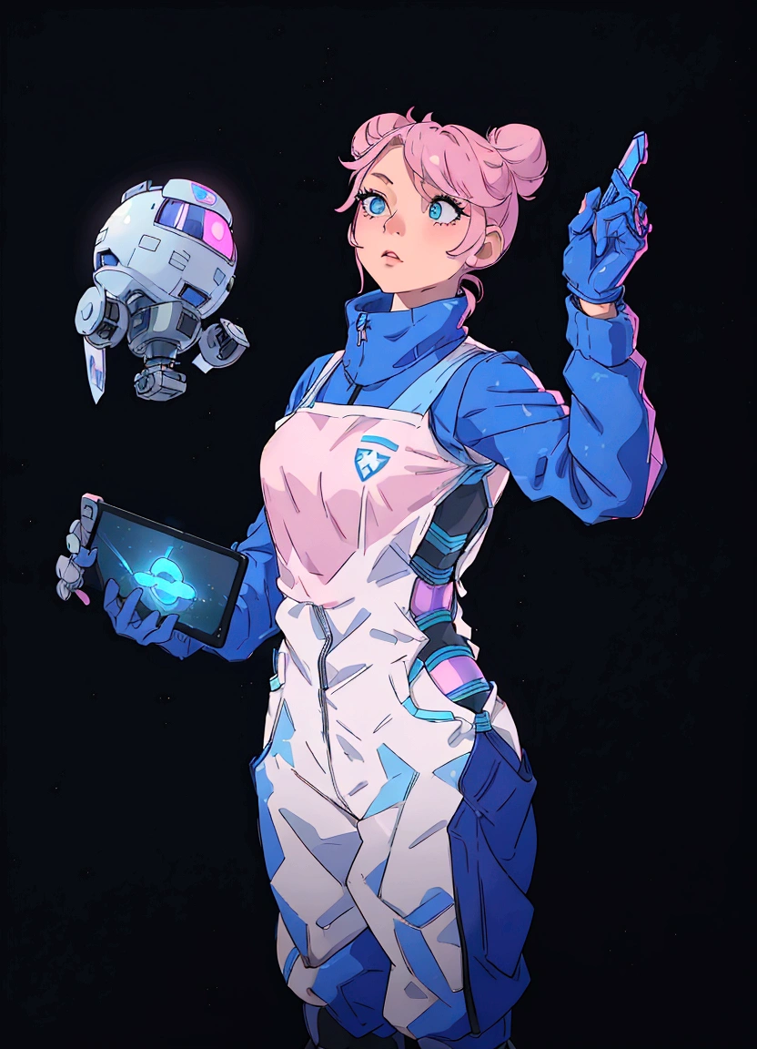 A female character with pink hair styled into buns, wearing a blue and white futuristic outfit that includes a vest, gloves, and boots, stands against a black background. She is holding a small robot in her left hand and a tablet in her right hand, which displays a holographic image of a planet. Her pose is confident with one hand pointing upwards.