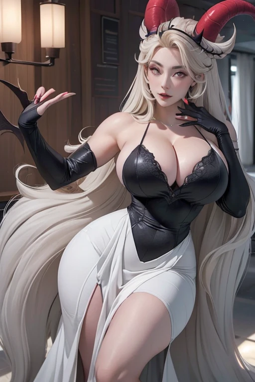 (((Full and soft breasts,)))(((Huge breasts))) (((Cleavage))) (Perfect curvy figure), (Lilith:1.2), (grey/Gray skin, grey sclera, Long blond hair, White iris, Devil&#39;s Horns, cosmetic), (Default clothing:1.2), (Long skirt, sleeve, Gloves, Black skirt:1.5), (castle, inside a castle, Victorian theme), (Practical:1.2), (masterpiece:1.2), (full-body shot:1),(Cowboy Shoots the Ball:1.2), Neon, Dark romantic lighting, (Very detailed:1.2),(Delicate face:1.2), (Gradient), rich and colorful, Delicate eyes, (Detailed landscape:1.2), (Natural Lighting:1.2), (Powerful pose:1.2), (Solitary, one person, 1 Girl:1.5), Lilith, Hazbin , Black skirt, Perfect fingers, walk, Dance, lol
