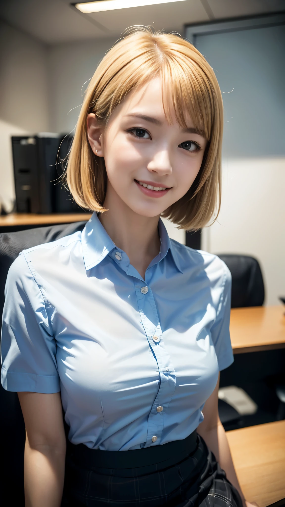 ((office)), lewd smile、(Realistic、Realistic:1.37)、(masterpiece)、(Highest quality:1.4)、(超A high resolution:1.2)、(RAW Photos:1.2)、(Sharp focus:1.3)、(stand:1.2)、elegant、(Whole Body Ezbian:1.2)、(Girl in a collared shirt and skirt:1.3)、Bangs、((Blonde)), Very cute Japanese girl、(A faint smile:1.3)、(Makes hair shine:1.3)、Short pleated skirt、