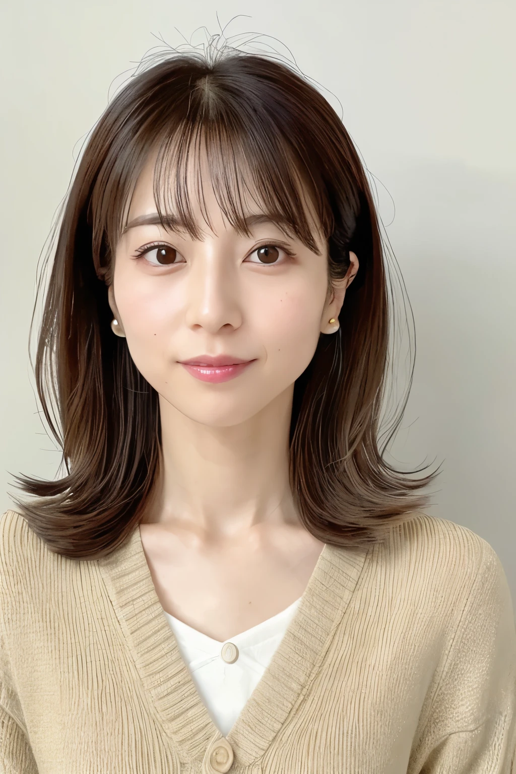 (High reality photograph, high resolusion), Skinny Japanese lady, 30 years old, cute face, detailed face, detailed eyes, various hair style, skinny figure, correct body anatomy, looking straight ahead, facing the camera directly, similar to a certificate photo with simple background