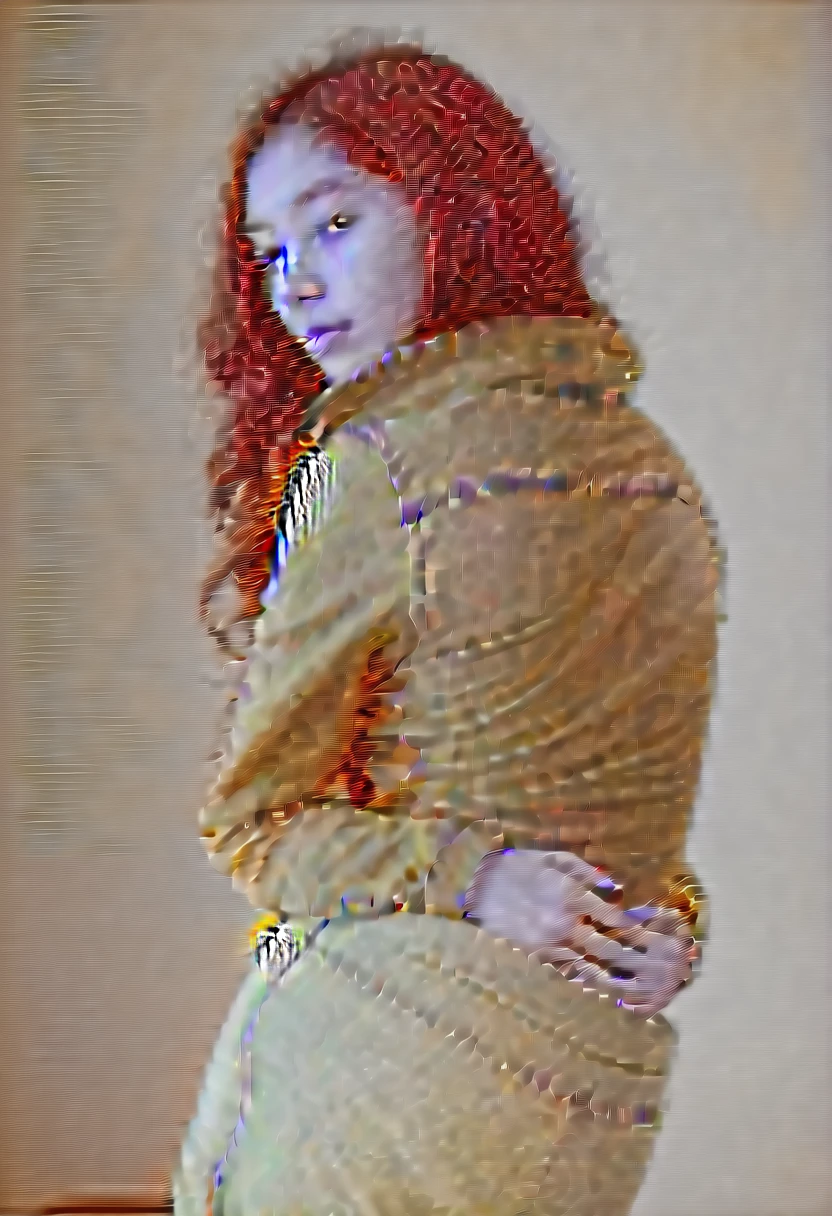 a young woman with her back hugging herself