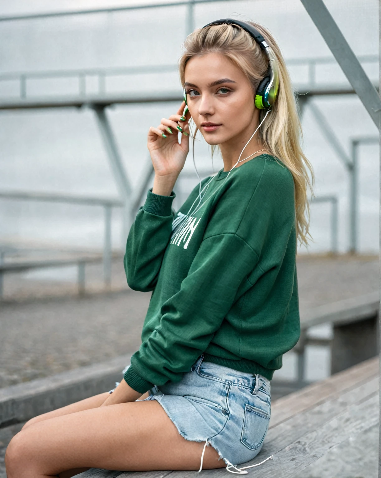 blonde woman sitting on a bench with headphones in her ears, wearing a green sweater, green clothes, pose casual, casual green clothes, medium shot portrait, green clothes, Casual clothes, dark green, She wears street clothes, Casually dressed, Casual clothes, Aleksandra Waliszewska, Pretty girl, ( ( dark green, high waistband, Side perspective