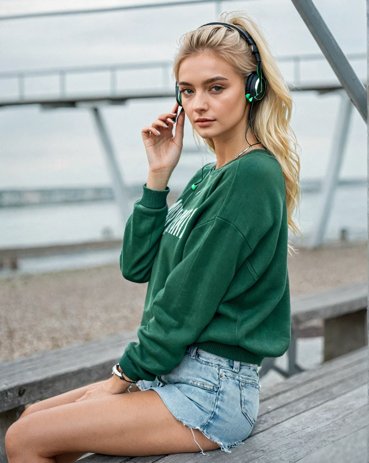 blonde woman sitting on a bench with headphones in her ears, wearing a green sweater, green clothes, pose casual, casual green clothes, medium shot portrait, green clothes, Casual clothes, dark green, She wears street clothes, Casually dressed, Casual clothes, Aleksandra Waliszewska, Pretty girl, ( ( dark green, high waistband, Side perspective