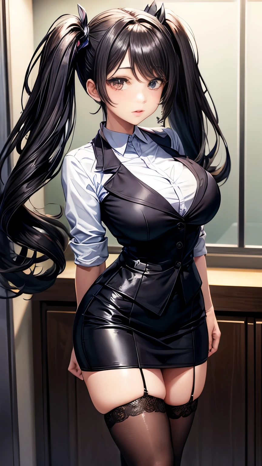 A beautiful secretary with black hair and twin tails