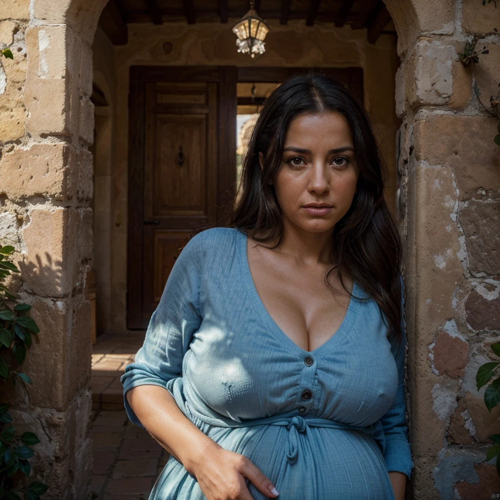 A  tree pregnant woman in a Spanish village, detailed eyes, beautiful detailed lips, extremely detailed eyes and face, long eyelashes, 2 other pregnant women, an angry old woman casting a curse, detailed traditional Spanish architecture, cobblestone streets, hanging flower baskets, blue sky, warm lighting, (best quality, 4k, 8k, highres, masterpiece:1.2), ultra-detailed, (realistic, photorealistic, photo-realistic:1.37), cinematic, dramatic lighting, chiaroscuro, vibrant colors, spanish colonial style