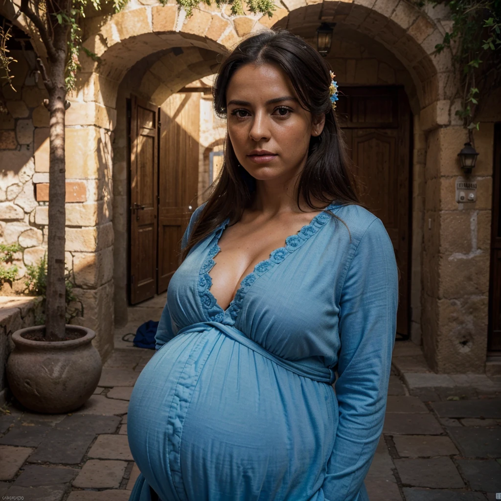 A  tree pregnant woman in a Spanish village, detailed eyes, beautiful detailed lips, extremely detailed eyes and face, long eyelashes, 2 other pregnant women, an angry old woman casting a curse, detailed traditional Spanish architecture, cobblestone streets, hanging flower baskets, blue sky, warm lighting, (best quality, 4k, 8k, highres, masterpiece:1.2), ultra-detailed, (realistic, photorealistic, photo-realistic:1.37), cinematic, dramatic lighting, chiaroscuro, vibrant colors, spanish colonial style