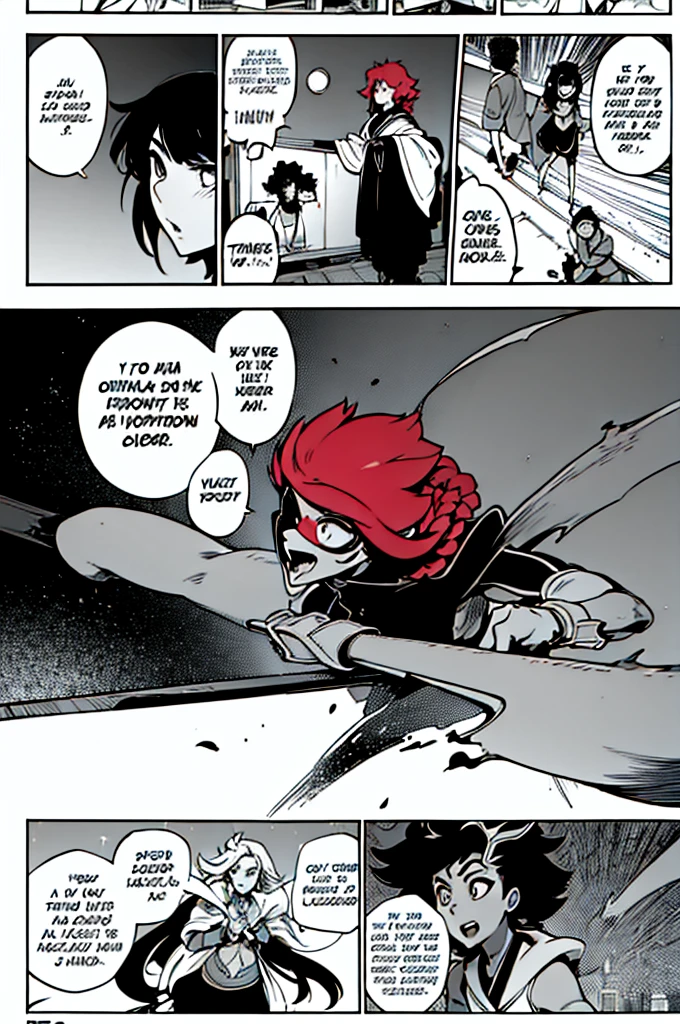 a beautiful red-haired girl with long hair in afro-style braids wearing futuristic oriental style clothing. urban style with an electric bass as a sacred weapon of war.  anime manga styles comic