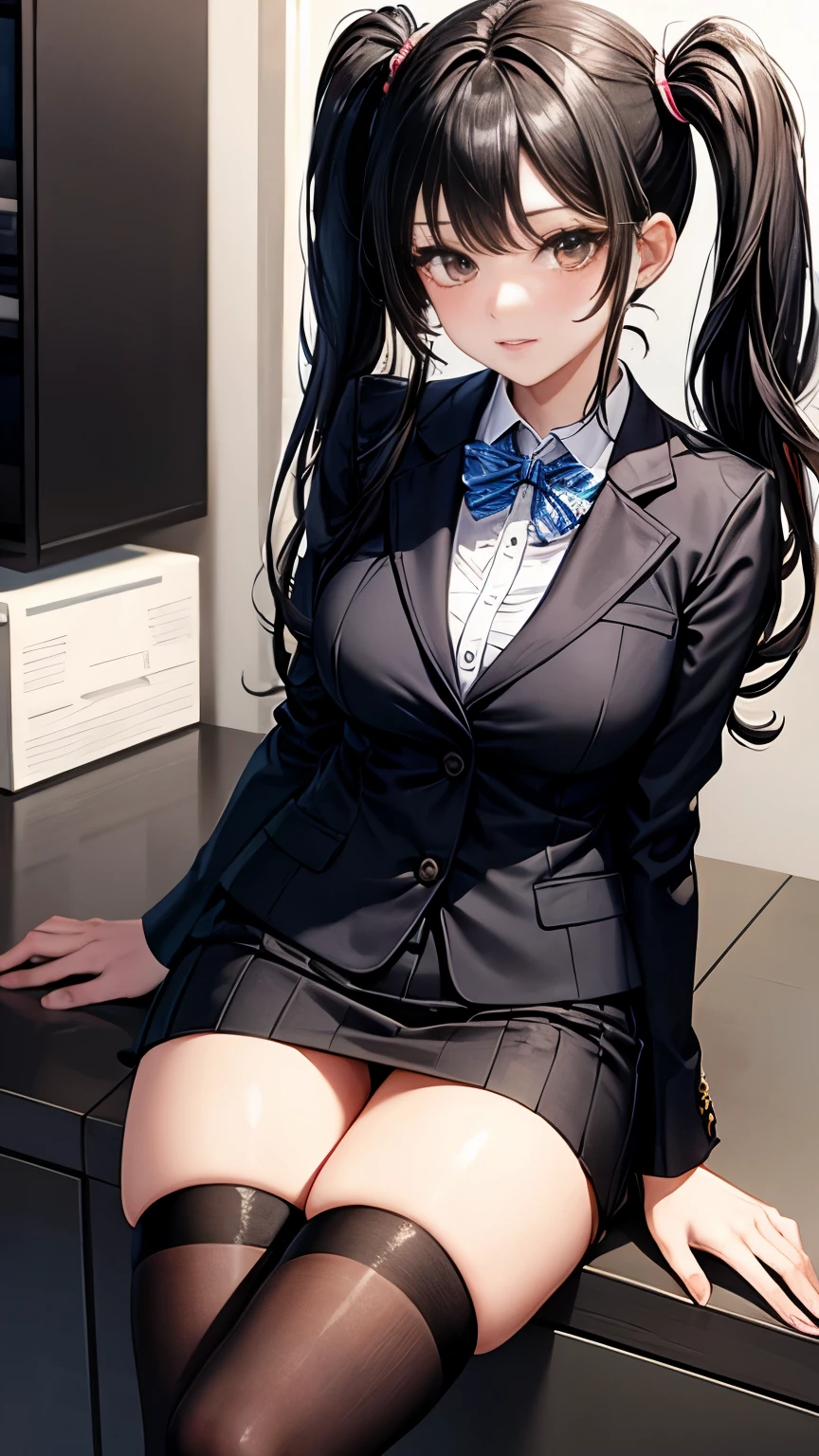 A beautiful secretary with black hair and twin tails