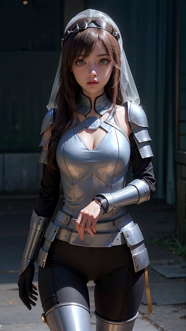 an1, brown eyes, ponytail, 
BREAK (armor, bodysuit, pauldrons, sexy bodysuit, shoulder armor, thighs, veil, black veil:1.2),
BREAK street, standing,
BREAK (masterpiece:1.2), best quality, high resolution, unity 8k wallpaper, (illustration:0.8), (beautiful detailed eyes:1.6), extremely detailed face, perfect lighting, extremely detailed CG, (perfect hands, perfect anatomy),