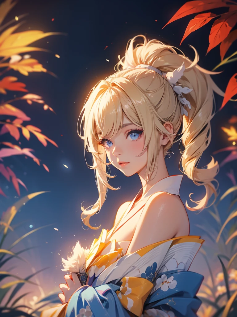 Barbara, kimono night in firework , blonde hair, pigtailed haired,  Blue eyes 